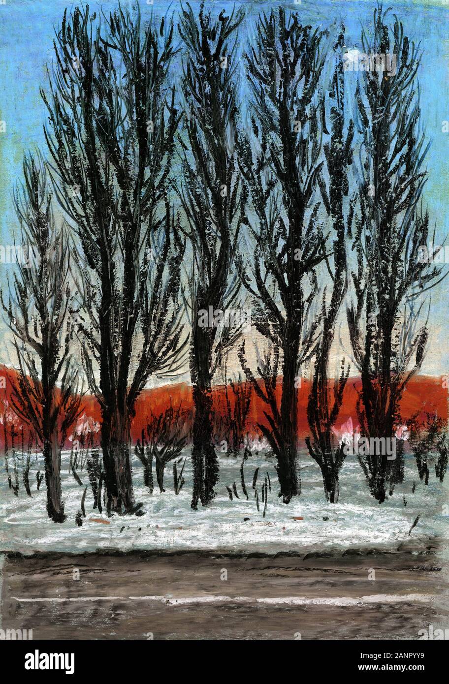 Tagsüber Landschaft mit Bäumen. Pappeln gegen einen Sonnenuntergang und Hügel mit Wald in einem Dunst bedeckt. Abbildung für Design Cover für die Alben ein Stockfoto