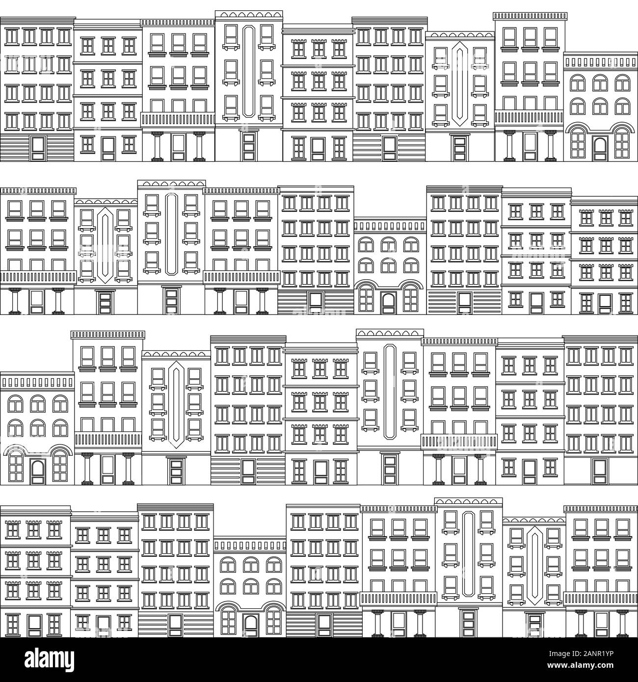 Patern nahtlose Kacheln cartoon häuser straße Panorama mit mit Straßen, Fenster, Türen. Lustig minimal Flachbild Stadtbild Stock Vektor