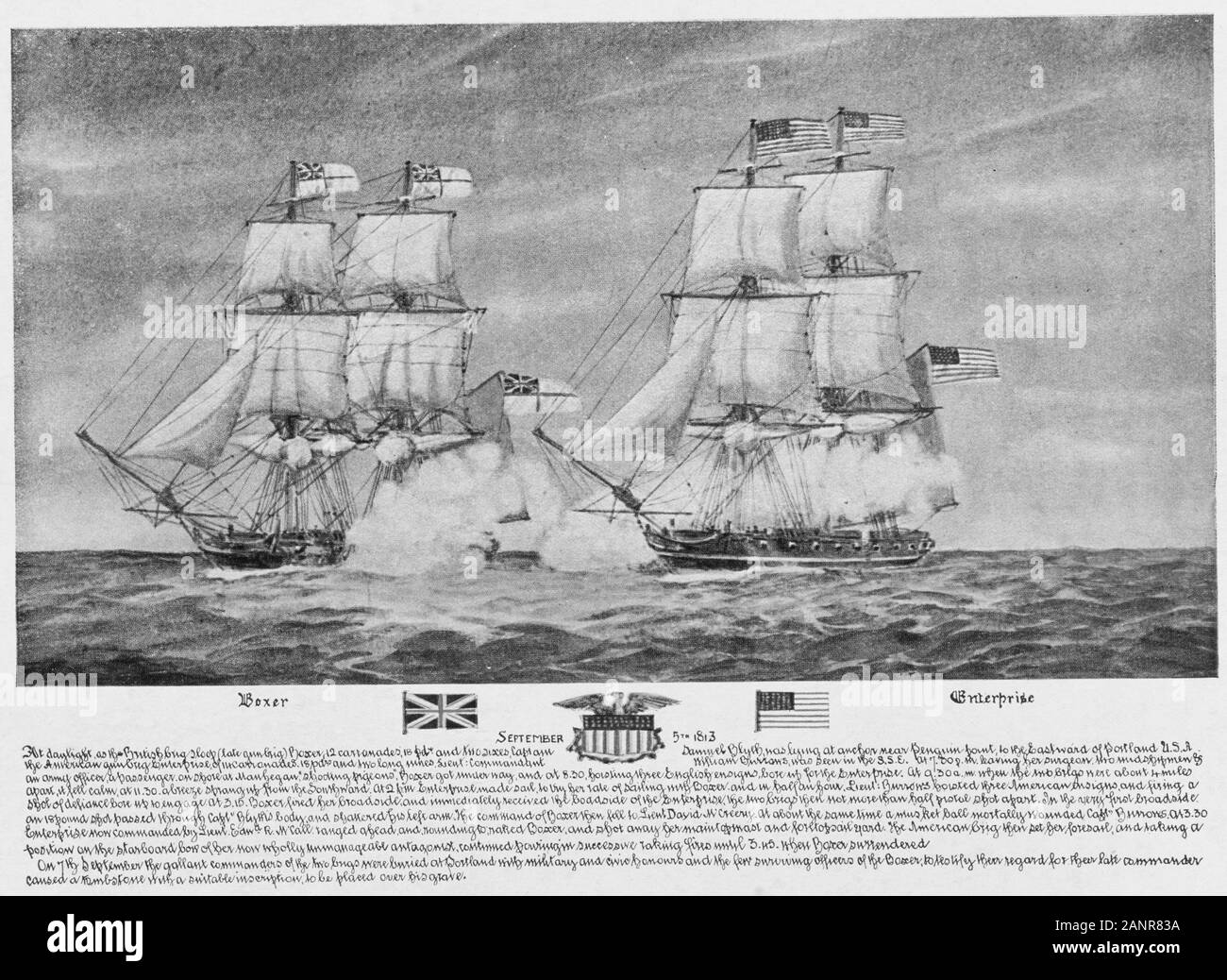 Enterprise vs Boxer - Kampf zwischen der Enterprise und der Britischen brig sloop Boxer am 5. September 1813. Stockfoto