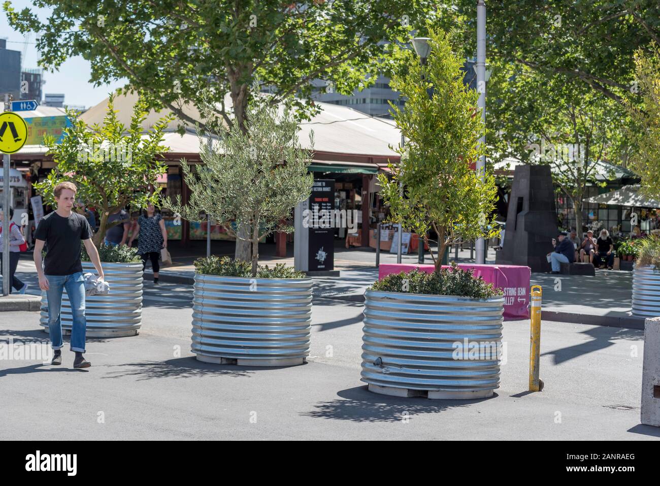 Kleine Obstbäume und Kräuter wachsen in großen verzinktes Eisen, Wannen oder Tanks im offenen Bereich, in dem Teile des berühmten Queen Victoria Märkten in Melbourne Stockfoto