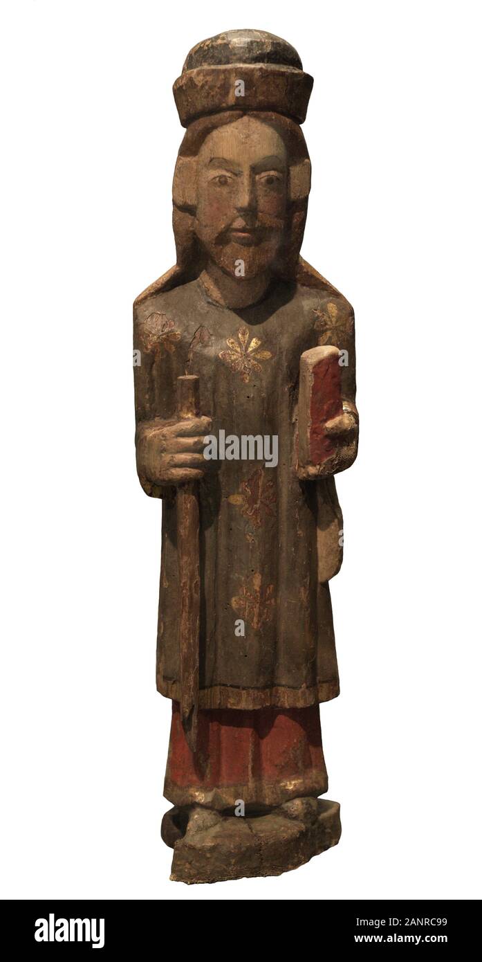 Santiago Peregrino, siglo XIV-XV. Madera tallada y policromada. Taller Gallego. Procedente de Algar de Suarna (Provincia de Lugo, Galizien). Museo de las Peregrinaciones y de Santiago. Santiago de Compostela. Estado de La Coruña. Galizien. España. Stockfoto