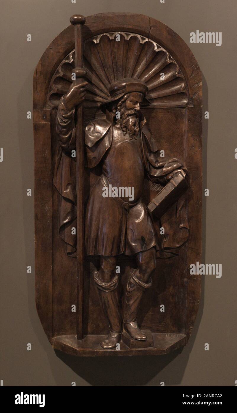 Santiago Peregrino. Primer cuarto Del Siglo XVII. Escuela Española. Madera de Nogal en su Farbe. Museo de las Peregrinaciones y de Santiago. Santiago de Compostela. Estado de La Coruña. Galizien. España. Stockfoto