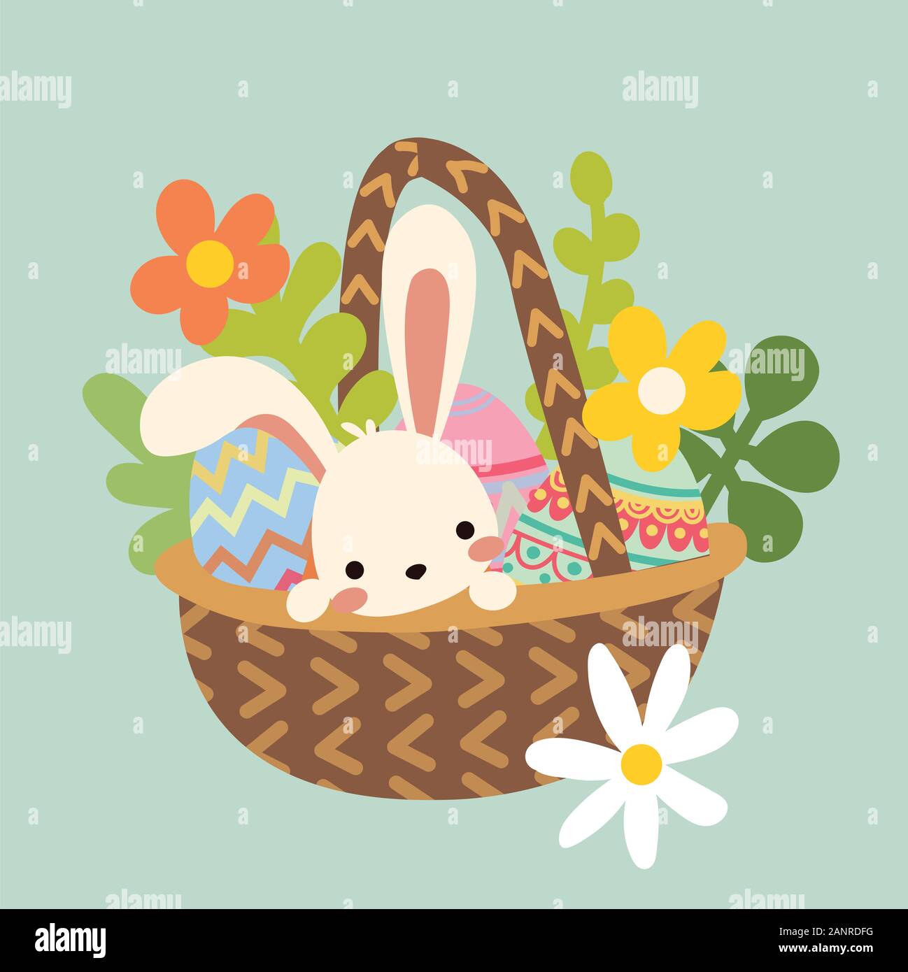 Süße Osterhase im Korb mit Eiern und Blumen Stock Vektor