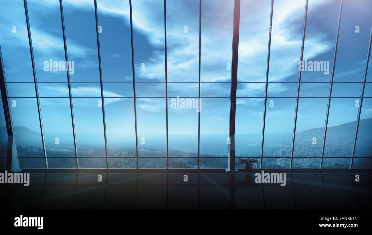 Leeres Büro mit Panoramafenster und Küstenlandschaft. Stockfoto