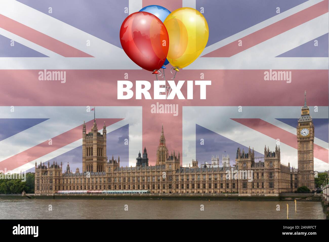 Der Palast von Westminster ak.a. die Häuser des Parlaments mit Brexit text und Luftballons zu feiern aus der Europäischen Union Am 31. Januar 2020 Stockfoto