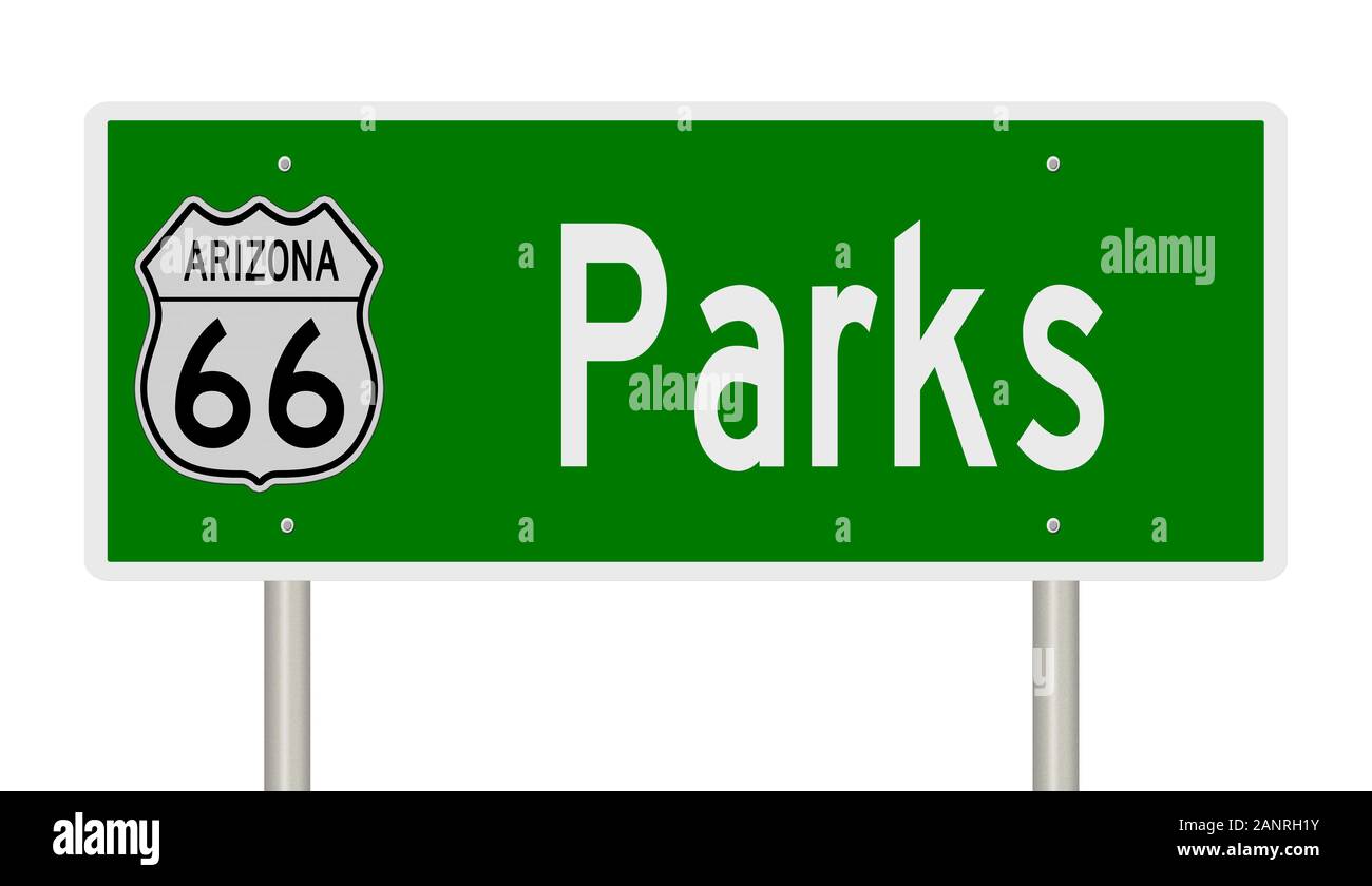 Rendering einer grünen 3D-Autobahn-Beschilderung für Parks Arizona auf der Route 66 Stockfoto