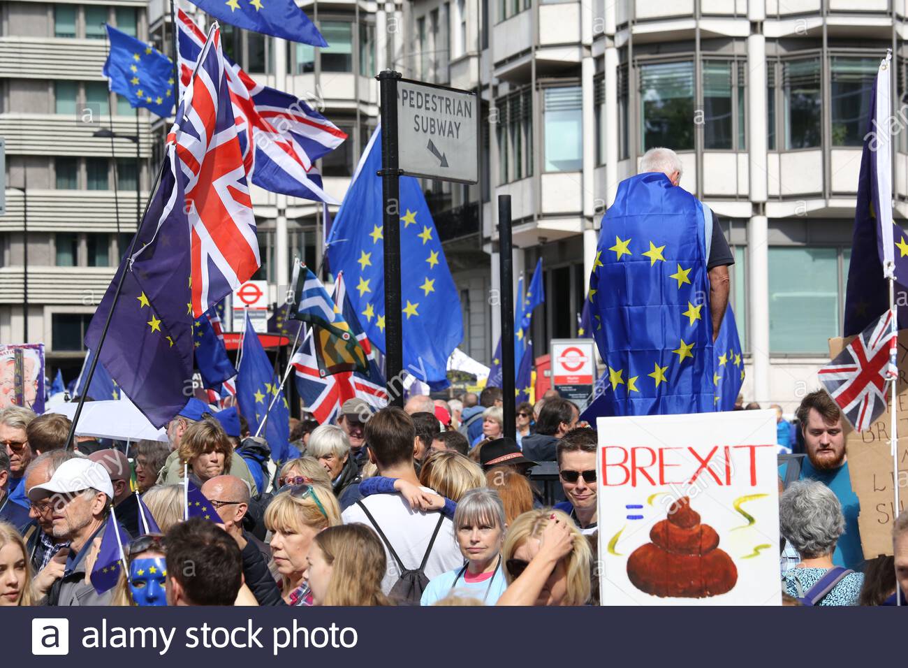 EU- und UK-Flags in der Sonne bei einer Anti-Brexit Kundgebung in London Stockfoto
