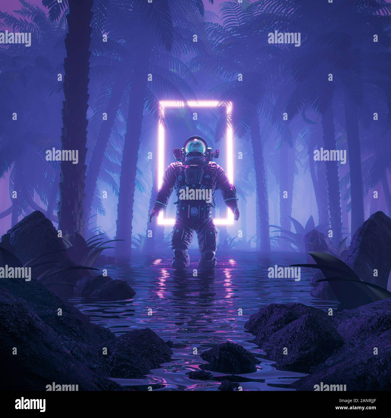 Psychedelic jungle Astronaut/3D-Darstellung der science fiction Szene, surreale Astronaut in Neon sumpfigen Wald auf Wasser planet leuchtet Stockfoto