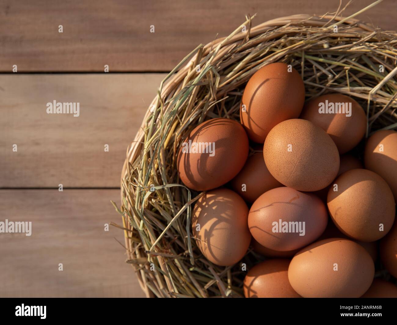 Ei Warenkorb auf Holzboden Stockfoto
