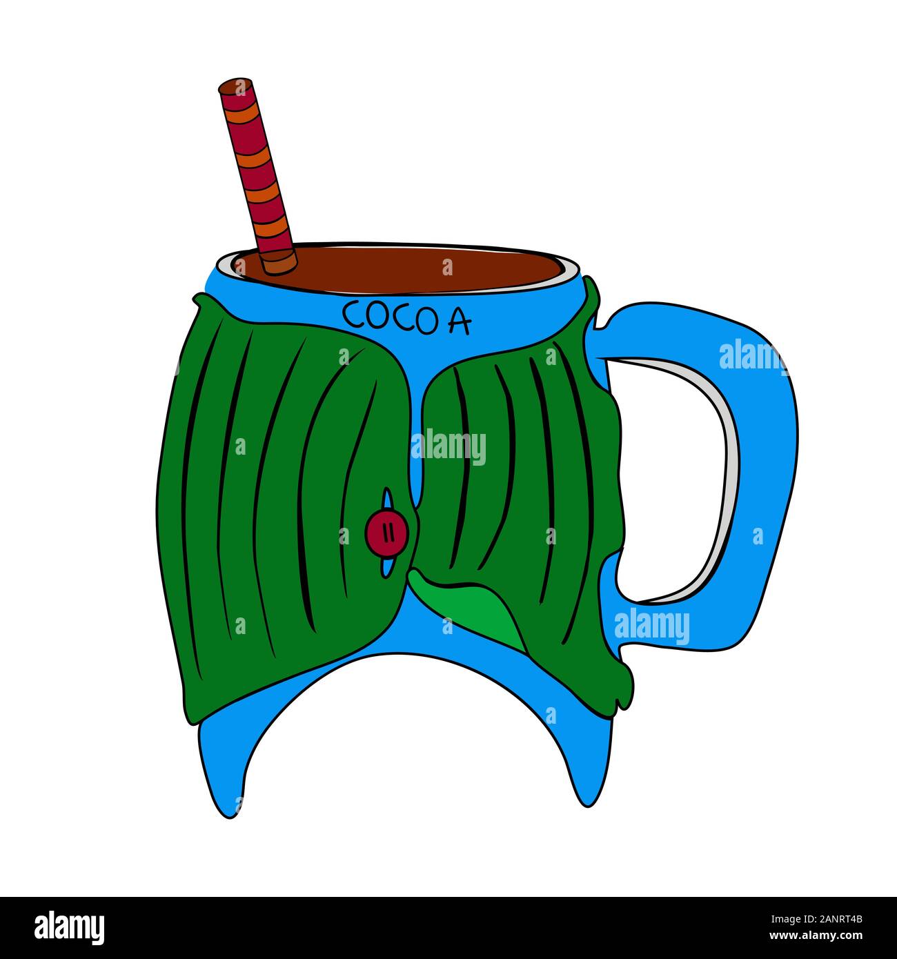 Becher mit Winter trinken, Kakao isoliert auf weißem Hintergrund. Grüne Tasse mit heißem Getränk, Eierlikör, Schokolade, Kaffee. Tasse mit Pullover eingerichtet. Vektor Stock Vektor