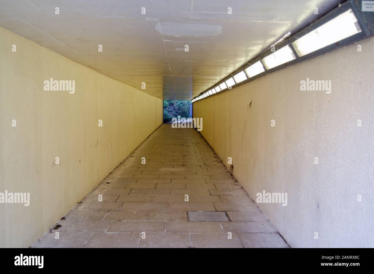 Blick durch einen Fußgängertunnel unter einer viel befahrenen Straße in Basingstoke, Hampshire. Stockfoto