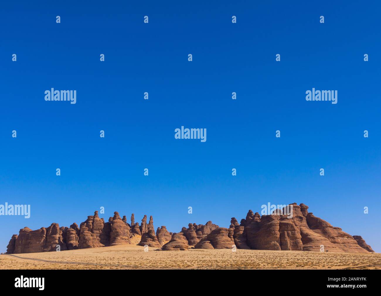 Felsige Landschaft von Madain Saleh, Al Madinah Province, Alula, Saudi-Arabien Stockfoto