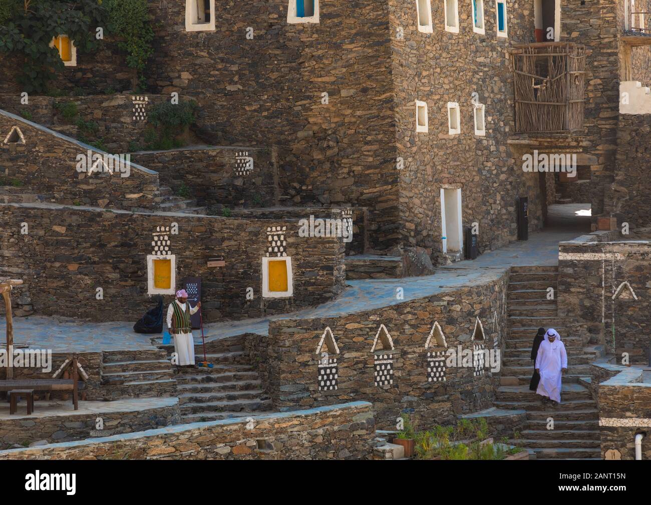 Mehrstöckige Häuser aus Steinen, Asir Provinz, Rijal Alma, Saudi-Arabien Stockfoto