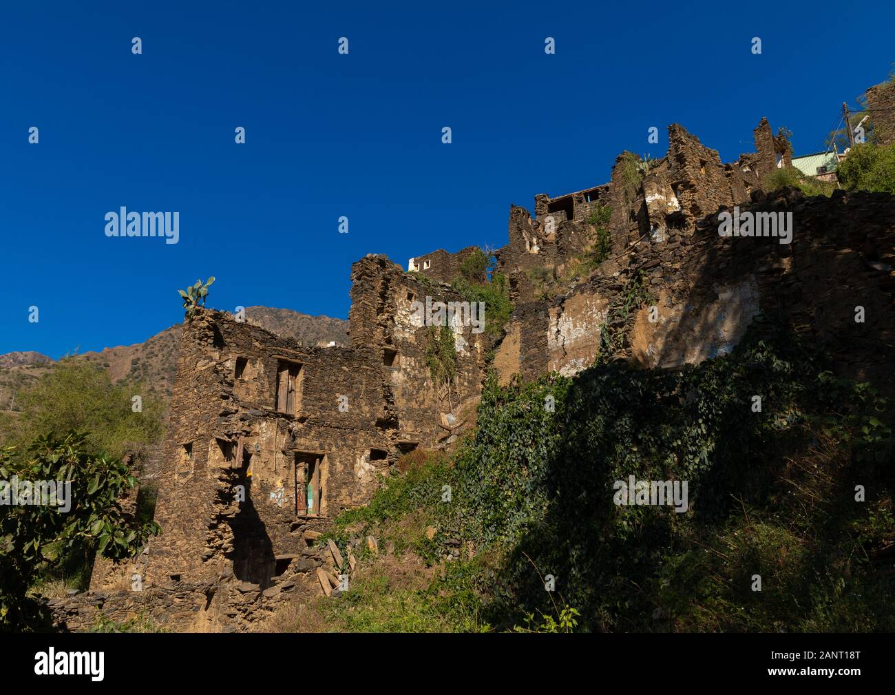 Mehrstöckige Häuser aus Steinen, Asir Provinz, Rijal Alma, Saudi-Arabien Stockfoto