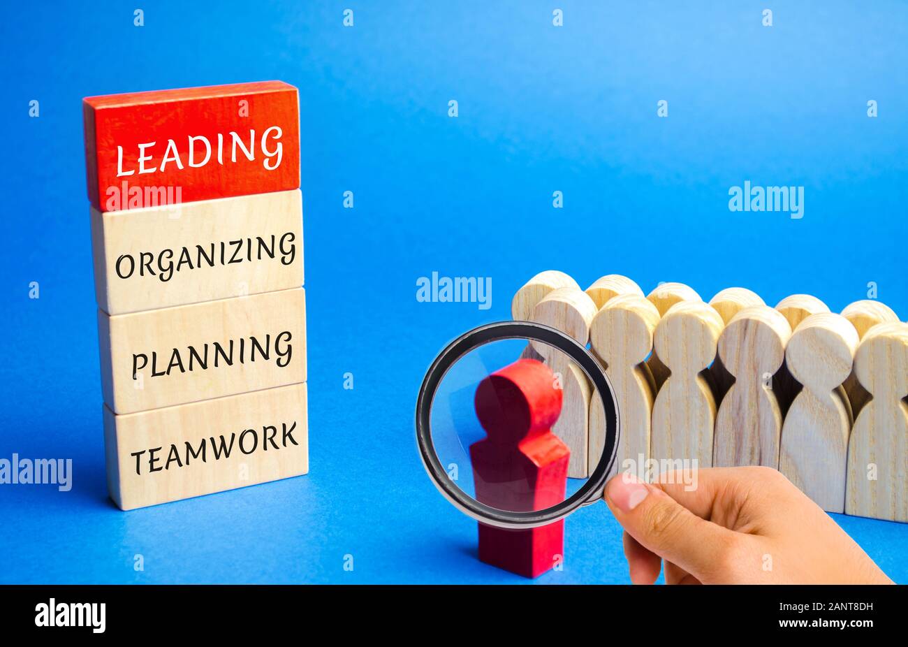 Holzblöcke mit dem Wort führenden, Organisation, Planung, Teamarbeit. Konzept der Business Plan und der Strategie. Management, Controlling und Organisation. Stockfoto