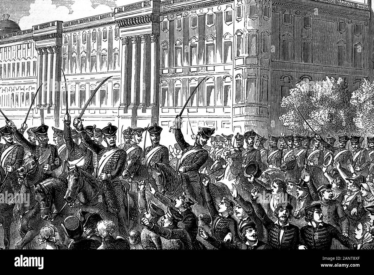 Große Unruhe der Menschen in Berlin gegen die französische Armee unter der Herrschaft von Friedrich Wilhelm III. Napoleonischen Kriege. Antike Abbildung. 1890. Stockfoto