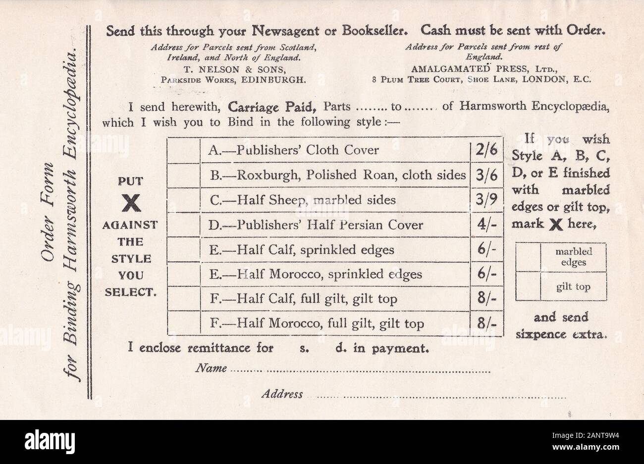 Vintage-Bestellformular für Binding Harmsworth Encyclopedia 40s Stockfoto