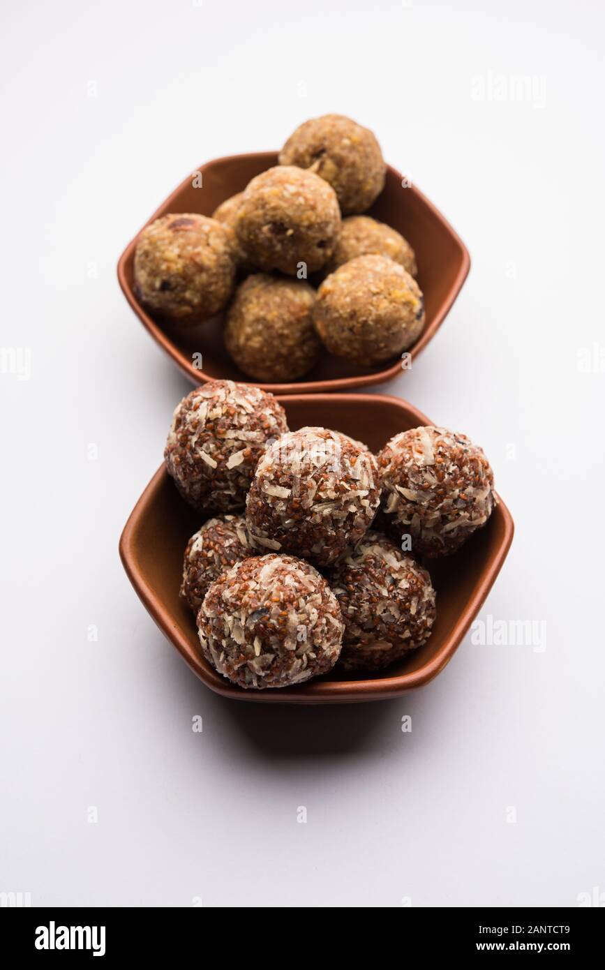 Gruppe von Dink, Gond , aliv, Halim laddu, Laddoo, Ladu, Ladoo hergestellt mit Gartenkresse Samen und essbare Gummi, süße Nahrung Stockfoto