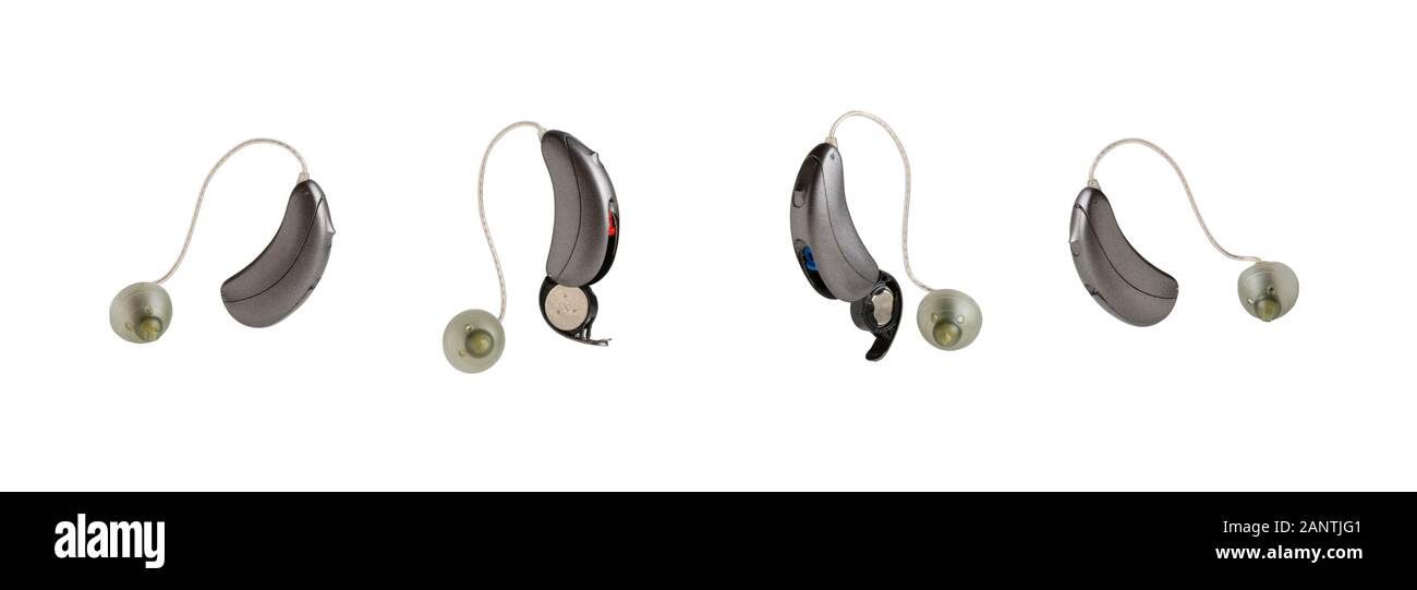 Hörhilfen für Hörgeschädigte, unterschiedliche Positionen, auf weißem Hintergrund Stockfoto