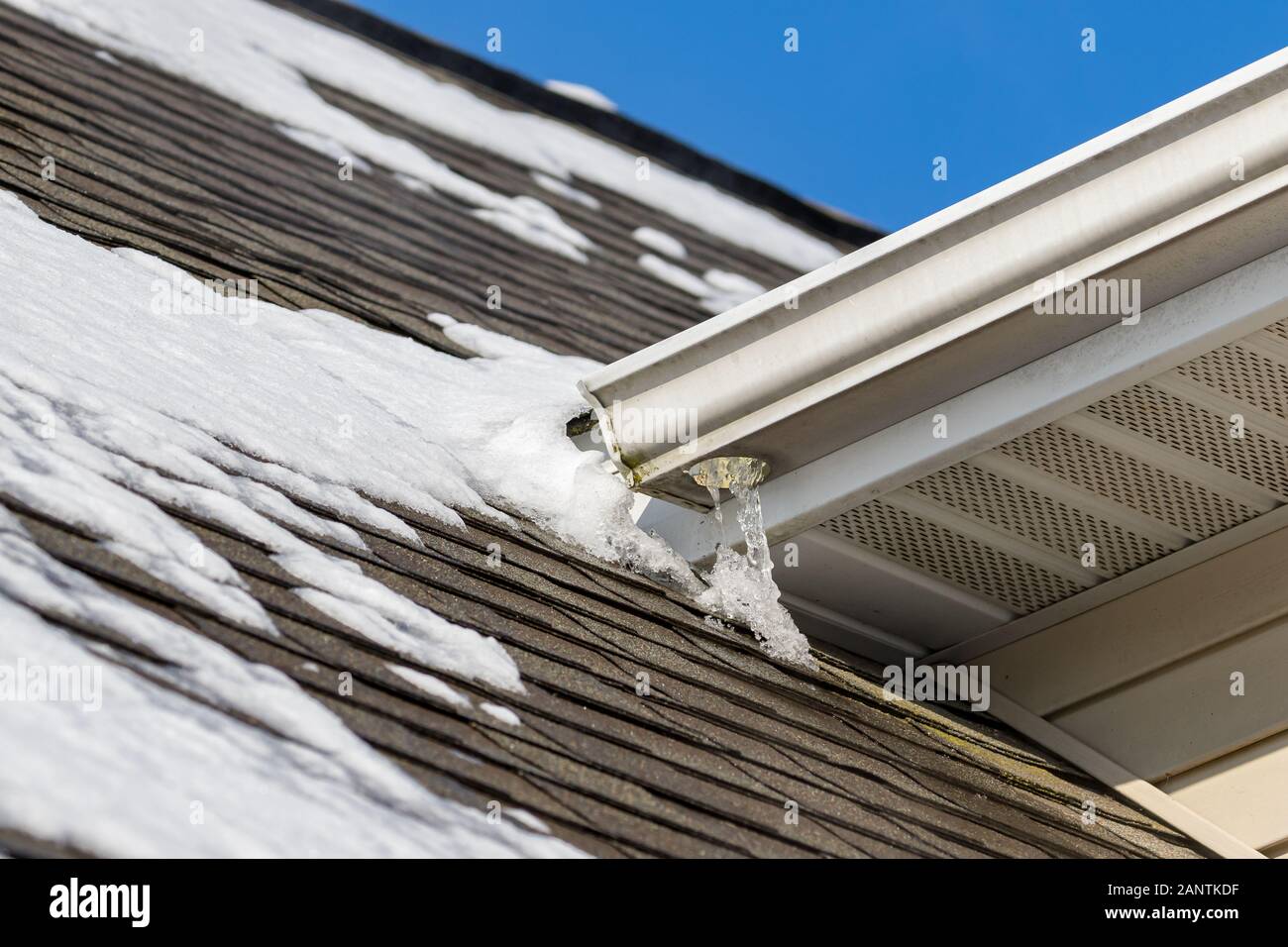 Schmelzender Schnee auf dem Dach des Hauses hat Eis auf Schindeln und Eiszapfen gebildet, die an der Dachrinne hängen Stockfoto