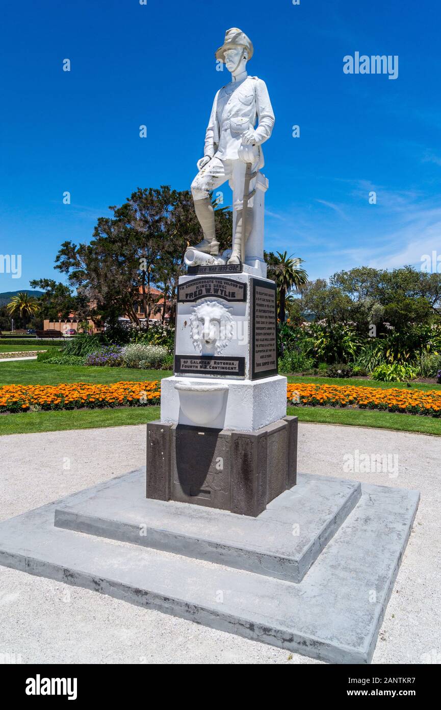 Boer War Memorial zum Sergeant Fred Wylie 1902, Government Gardens, Rotorua, North Island, Neuseeland Stockfoto