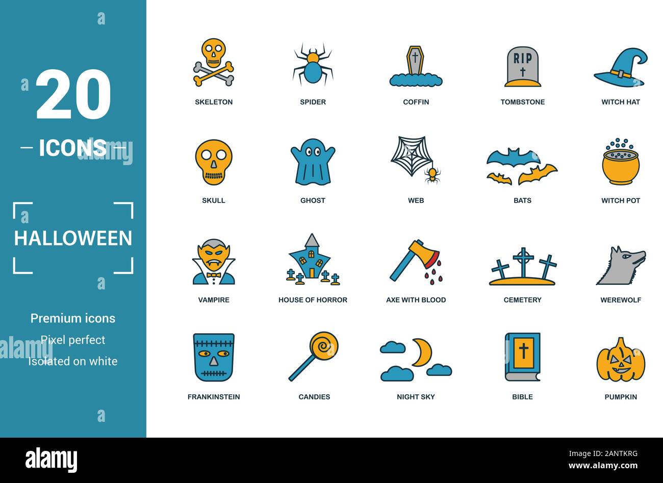 Halloween Icon Set. Gehören kreative Elemente Skelett, Sarg, Schädel, Fledermäuse und Vampire Symbole. Kann für Bericht, Präsentation, Grafik, Web Design Stock Vektor
