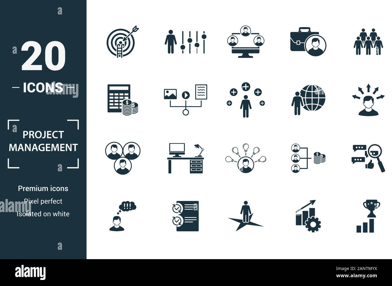 Projekt Management Icon Set. Gehören kreative Elemente Ziel sucht, dem virtuellen Team, Budget, global management, Team Zusammenhalt Symbole. Kann verwendet werden für Stock Vektor