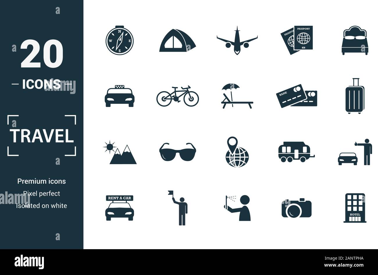 Travel Icon Set. Gehören kreative Elemente Kompass, Flugzeug, Taxi, Kreditkarte, Sonne und Berge Symbole. Kann für den Bericht verwendet, Präsentation. Stock Vektor