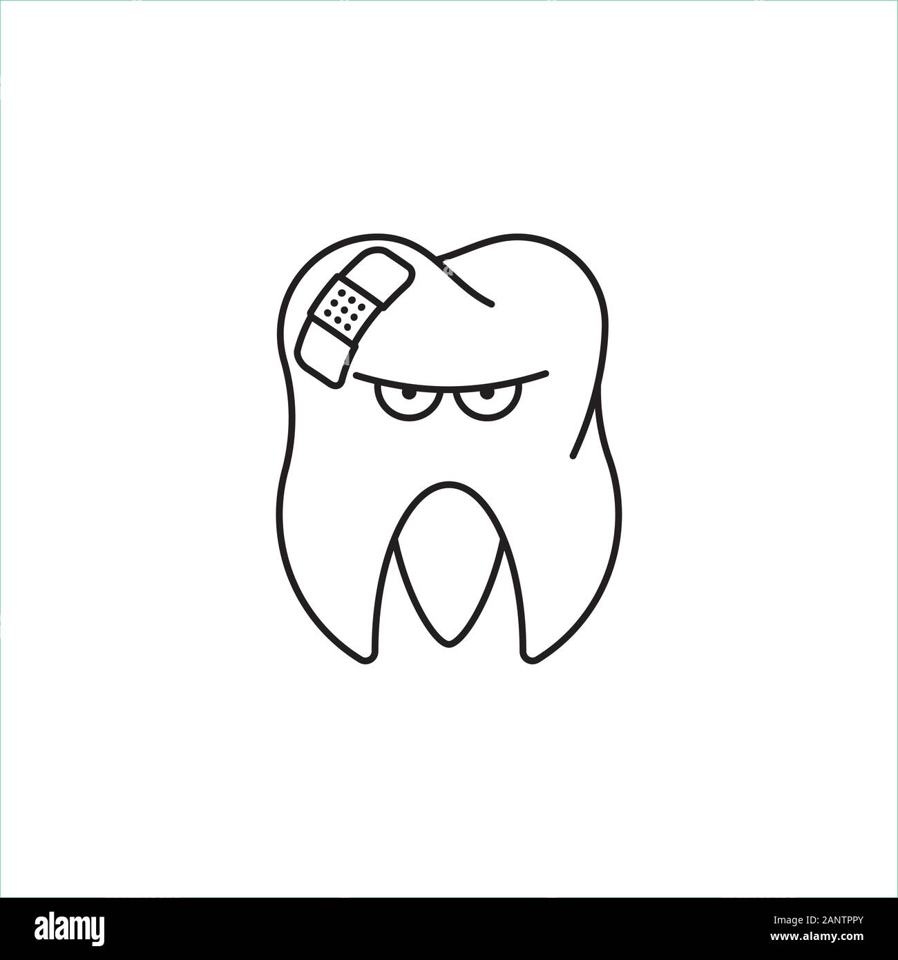 Verdriesslich suche Zahn mit Band Aid vektor Symbol Leitung. Zahnschmerzen und Schmerzen konzeptionelle Symbol. Stock Vektor