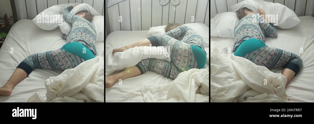 Drei Fotos zeigen eine Frau, die leidet an Schlafstörungen oder Schlaflosigkeit. Stockfoto