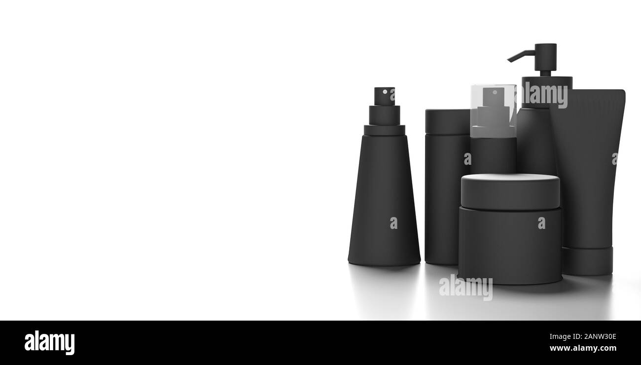 Kosmetische Produkte Container für Menschen, leere Pakete Vorlage Farbe Schwarz auf weißem Hintergrund, design Werbung Verpackung. 3d-Lllustrat Stockfoto