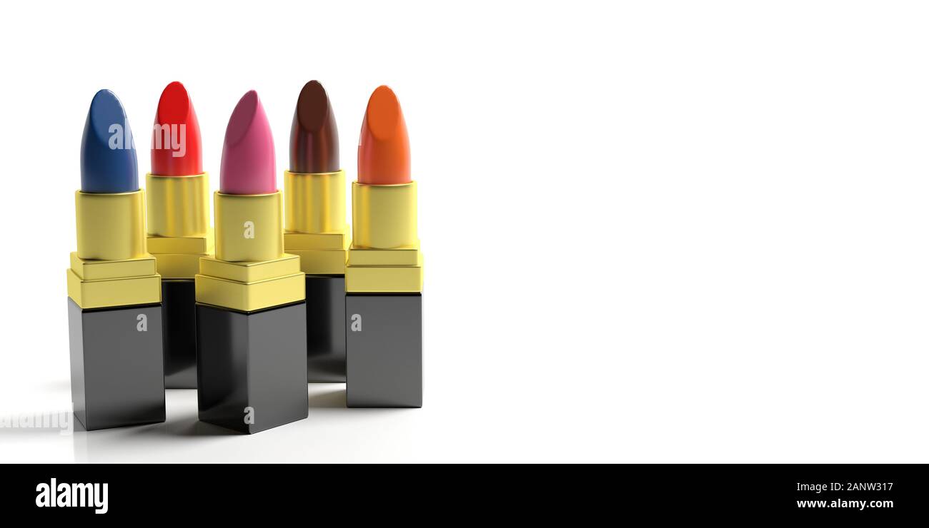 Lippenstift, Make-up. Lippenstifte verschiedenen modischen Farben vor weißem Hintergrund, kopieren. Professionelle machen Frauen und Schönheit Konzept Stockfoto