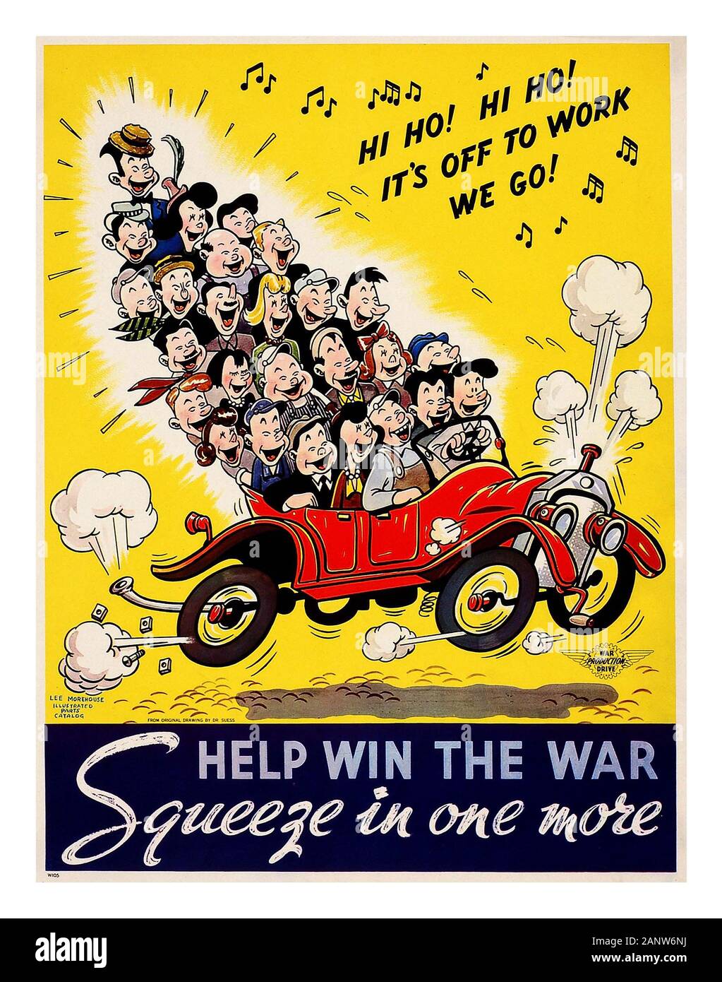 CAR-SHARE WW2 Vintage American 40s WW2 Propaganda Cartoon Poster für Autokartentare "Hilfe gewinnen Sie den KRIEGSDRUCK NOCH EINS" und bitten Sie die Leute, Treibstoff zu sparen und Autofahrten zu teilen zweiten Weltkrieg WW2 Hi Ho Hi Ho! "Es ist los zu arbeiten, wir gehen" aus dem frühen Walt Disney Classic Zeichentrickfilm Stockfoto