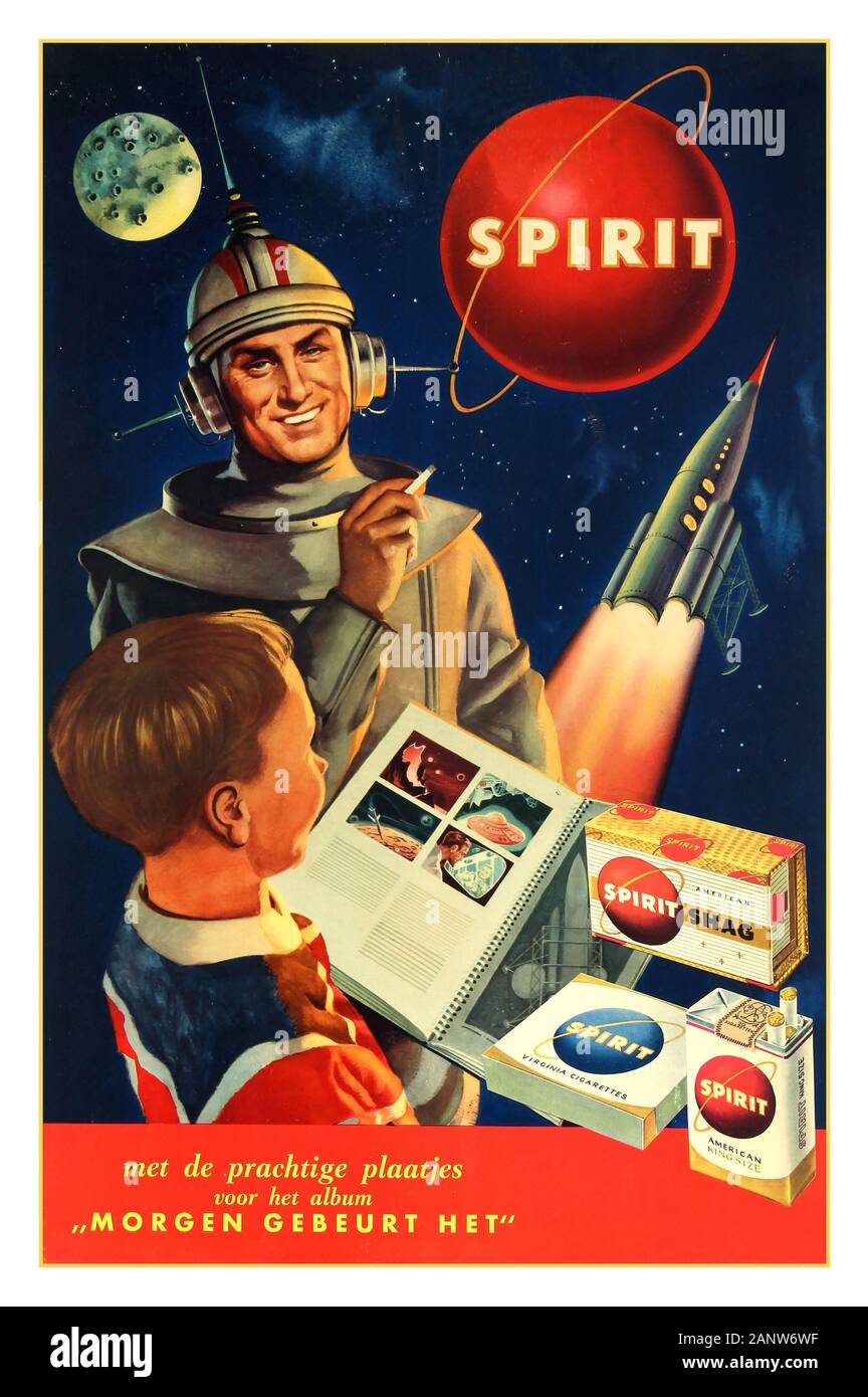SPIRIT CIGARETTE NON-PC-Werbeplakat für American Spirit Virginia Zigaretten und Tabak in Holland für den JUNGEN Vintage 1950. Mit Bildern für das Album Morgen Gebeurt Het war Morgen Gebeurt Het eine niederländische Science-Fiction-Fernsehserie, die zwischen 1957 und 1959 ausgestrahlt wurde. Das Poster zeigt einen Jungen, der ein Bilderalbum mit Bildern der Serie hält, mit einer Figur aus der Serie in seinem Raumanzug stehend, rauchend und lächelnd. Im Hintergrund wird eine Rakete auf einen roten Spirit-Planeten mit einer Reihe von Spirit-Zigaretten im Vordergrund gestartet. Werbung für nicht-pc-Tabak aus dem Jahr 1950 Stockfoto