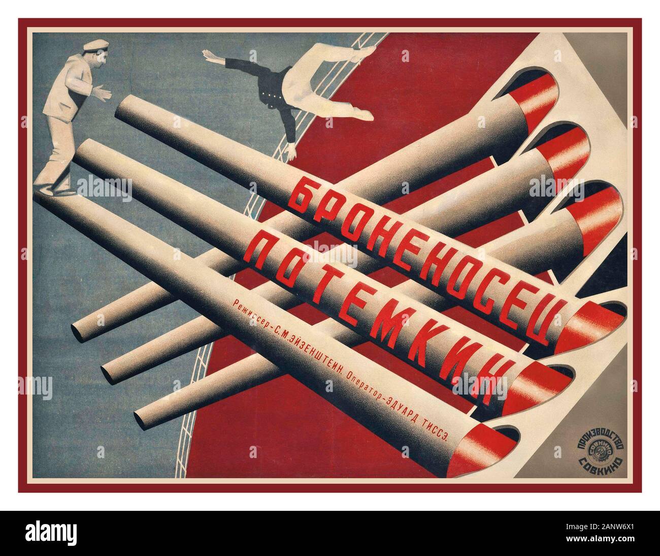 Potemkin Vintage Soviet Russian Film Movie Poster Battleship Potemkin, Stummfilm von 1925 unter der Regie von Sergei Eisenstein von einer Schiffsmeuterei im Jahr 1905, als die gesamte Besatzung des russischen Schlachtschiffs Potemkin gegen ihre zaristischen Regimebeamten mutierte. Hergestellt von Stenberg Brothers Künstlern und Designern (Vladimir, 1899-1982; Georgi, 1900-1933) SCHLACHTSCHIFF POTEMKIN Farblithograph, 1929 Stockfoto