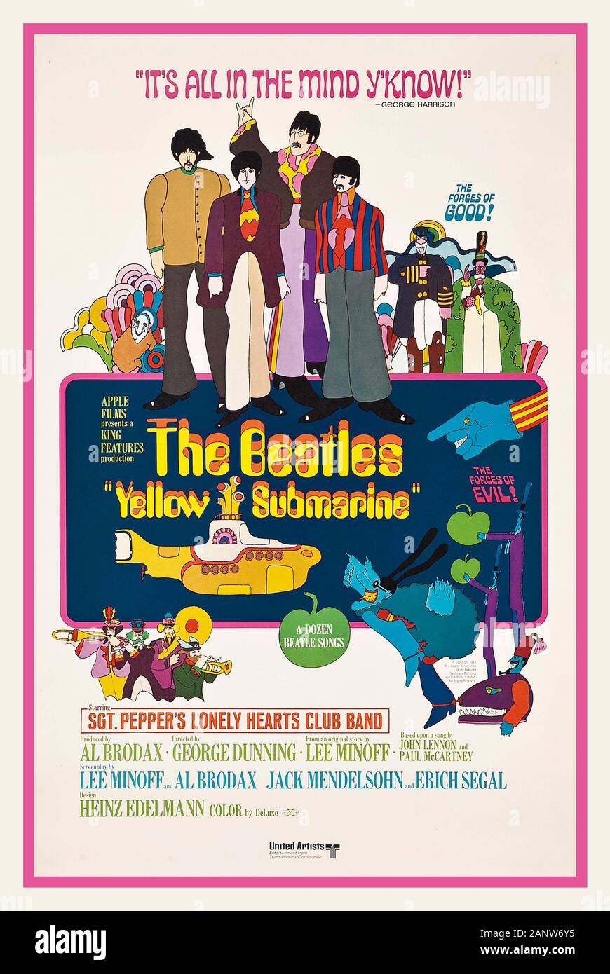 Gelber U-Boot-Film Vintage 1960s Beatles Yellow Submarine Movie Poster 1968, King Features, U.S. One-Sheet, von Heinz Edelmann USA Poster, The Beatles, with George Harrison, Paul McCartney, John Lennon & Ringo Starr, 1968 ' Its all in the Mind y'Know! ' VEREINTE KÜNSTLER Stockfoto