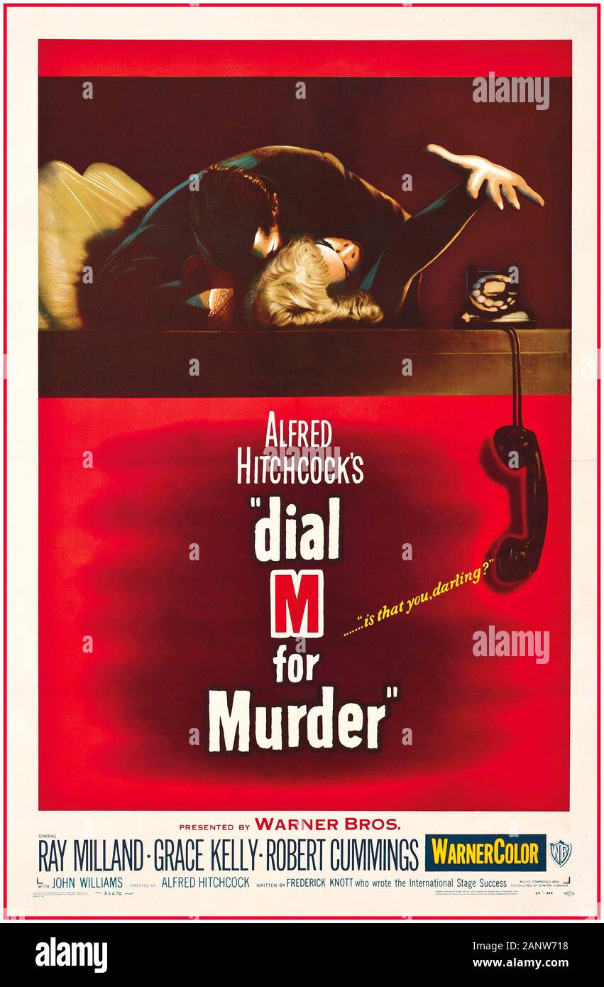 Dial M FOR MURDER Vintage 1950s Movie Cinema Poster Dial M For Murder unter der Regie von Alfred Hitchcock 1954, Warner Bros., US-amerikanisches One-Sheet-Poster von Bill Gold mit Ray Milland Grace Kelly Robert Cummings John Williams Patrick allen Robin Harold Hughes Martin Sam Milner Warner Bros USA Stockfoto