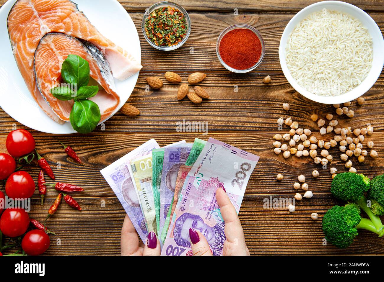 Ukrainische Griwna Wert. Hohe Kosten für gesundes Essen. Harten finanziellen Situation. Weibliche Hand, die eine Währung. Stockfoto