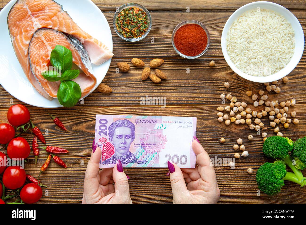 Ukrainische Griwna Wert. Hohe Kosten für gesundes Essen. Harten finanziellen Situation. Weibliche Hand, die eine Währung. Stockfoto