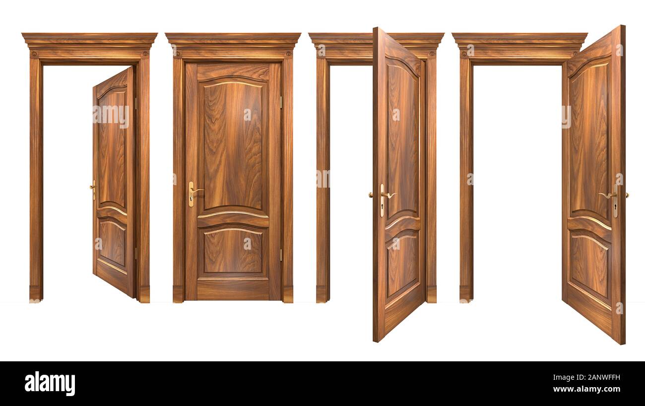 Geschlossene und offene Türen aus Holz braun auf Weiß isoliert. Natürliche hartes Holz Eingang mit gewölbten Platten, Gesims, Spalten. Hochauflösende 3D-Rendering Stockfoto