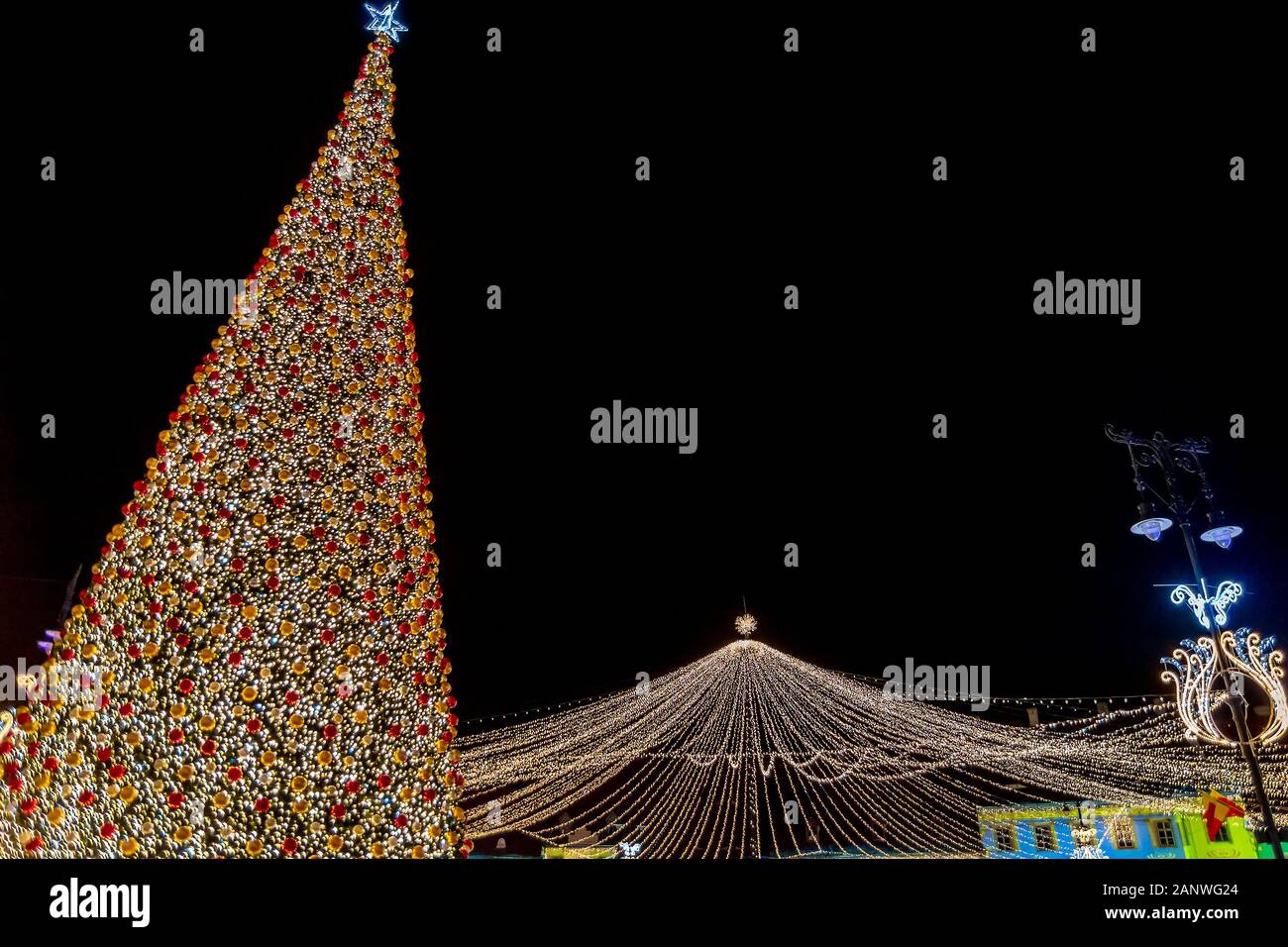 Weihnachtsbaummarkt und Dekorationsleuchten auf dem Hauptplatz von Sibiu, Siebenbürgen, Rumänien Stockfoto