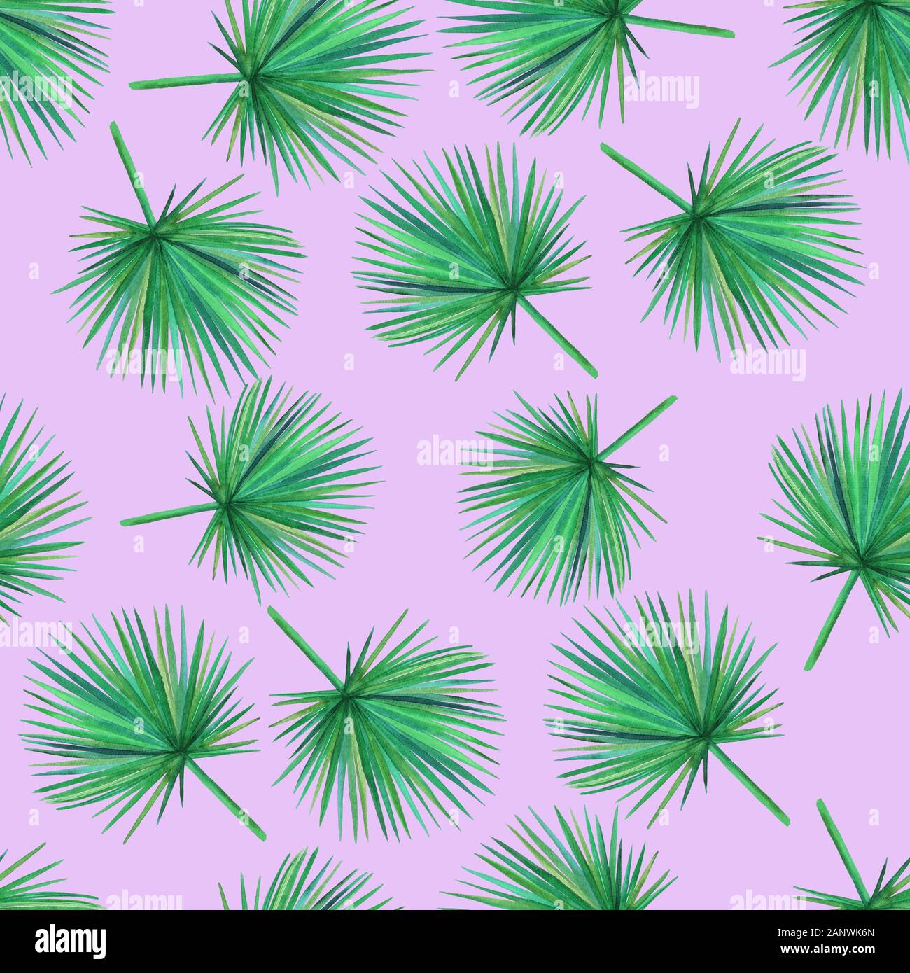 Aquarell grün Palm Blätter auf einem lila Hintergrund. Nahtlose Muster. Abbildung. Stockfoto