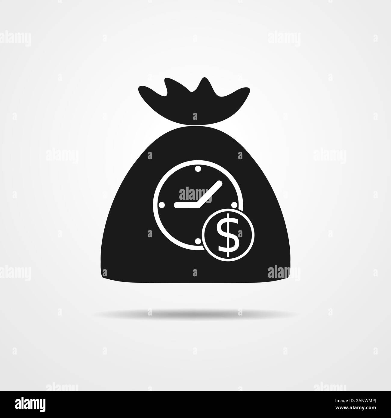 Geld beutel Symbol mit Währungs- und Uhrsymbole. Schwarz Geld Beutel im flachen Design auf hellgrauem Hintergrund. Vector Illustration. Konzept der Zeit seine Mone Stock Vektor