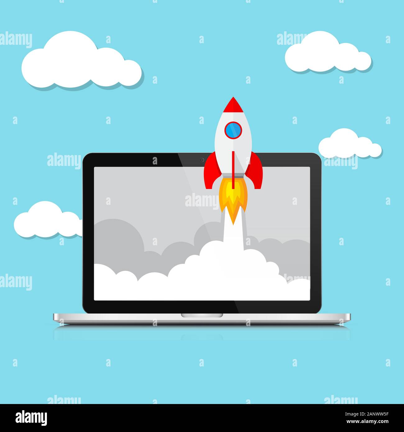 Das Raumschiff stürzt außerhalb Laptop-bildschirm. Vector Illustration. Konzept der Business Start-up. Stock Vektor