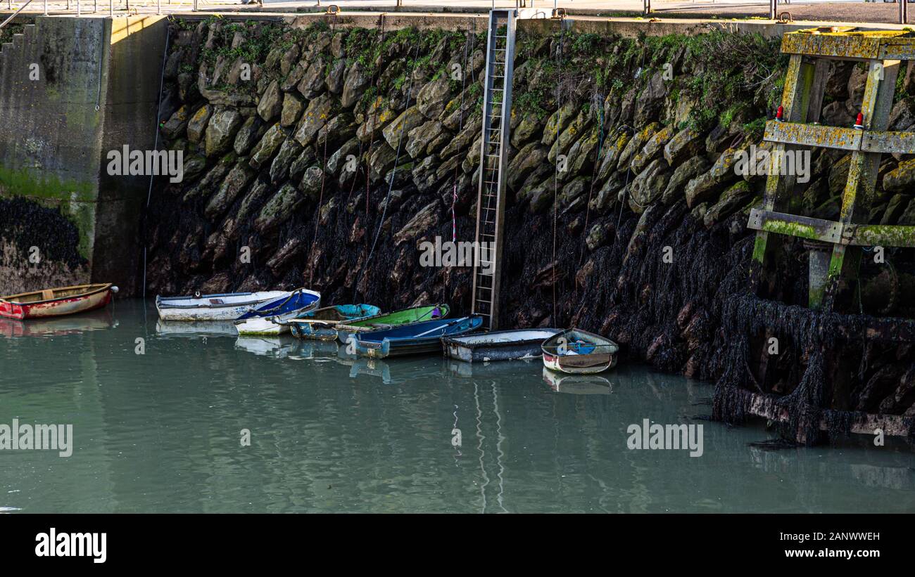 Folkestone, Kent. GROSSBRITANNIEN. Verschiedene Farben von Ruderbooten, die im Hafen von Folkestone gegen mit Algen bedeckte Felsen gefesselt sind. Stockfoto