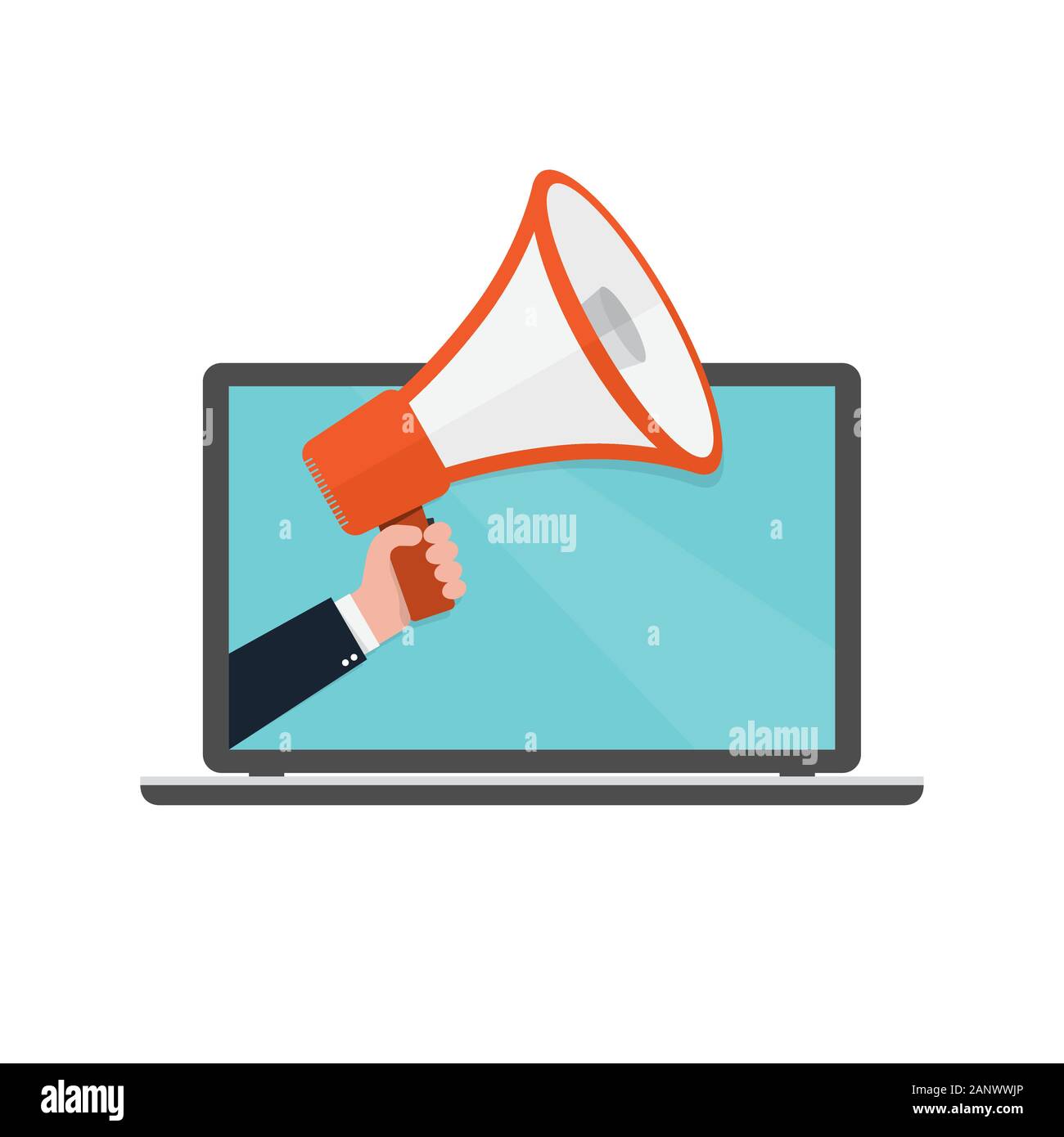 Lautsprecher oder Megaphon in männlicher Hand, die aus dem Bildschirm eines Laptop. Rotes Megaphon und Laptop, auf weißem Hintergrund. Vektor illustratio Stock Vektor