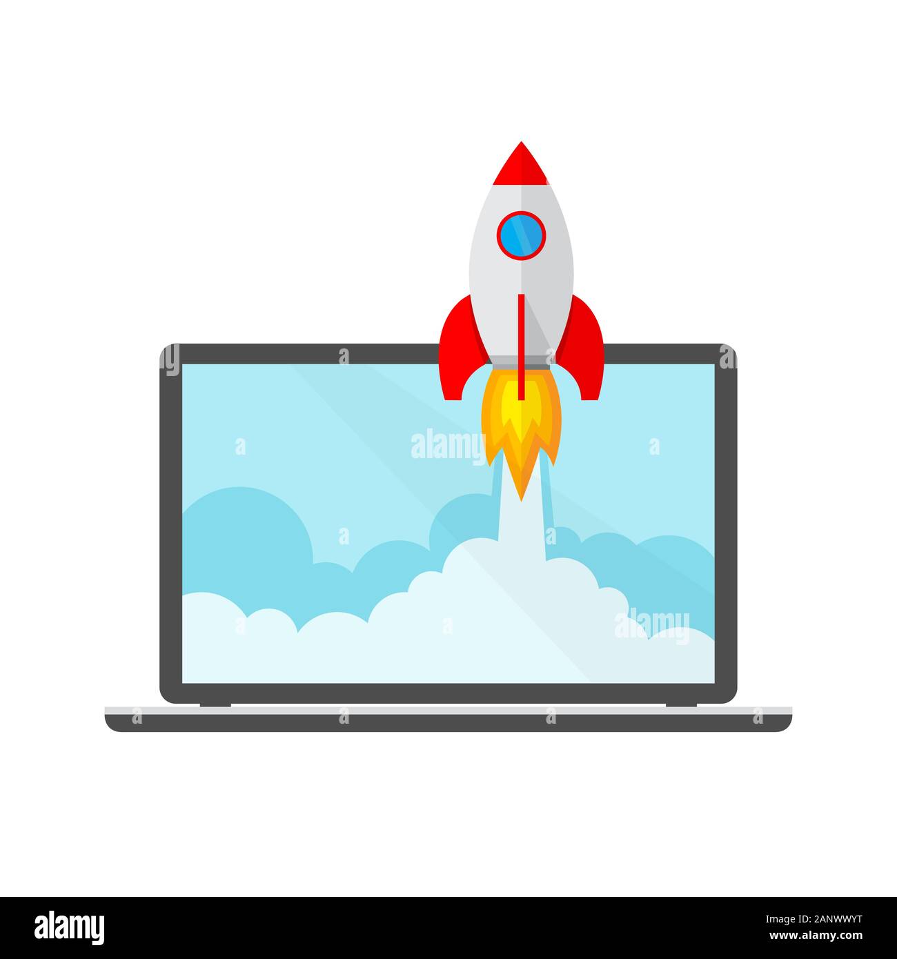 Das Raumschiff stürzt außerhalb Laptop-bildschirm. Vector Illustration. Konzept der Business Start-up. Stock Vektor