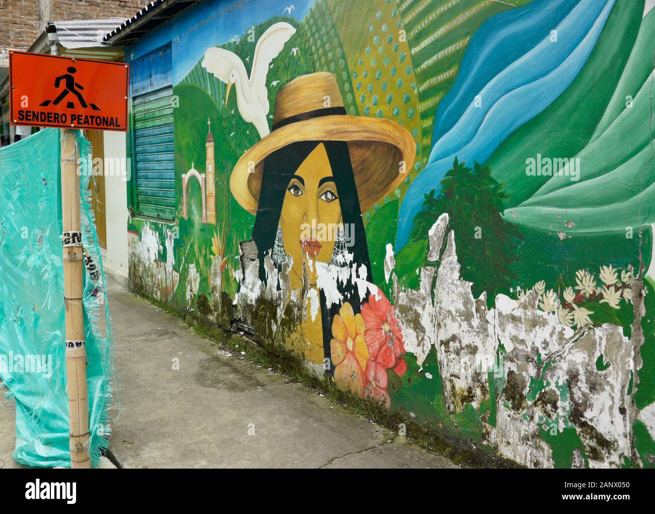Bunte aber verschlechtert sich Wandgemälde an der Außenseite des Gebäudes in Quindio Pijao, Abteilung, Kolumbien lackiert Stockfoto