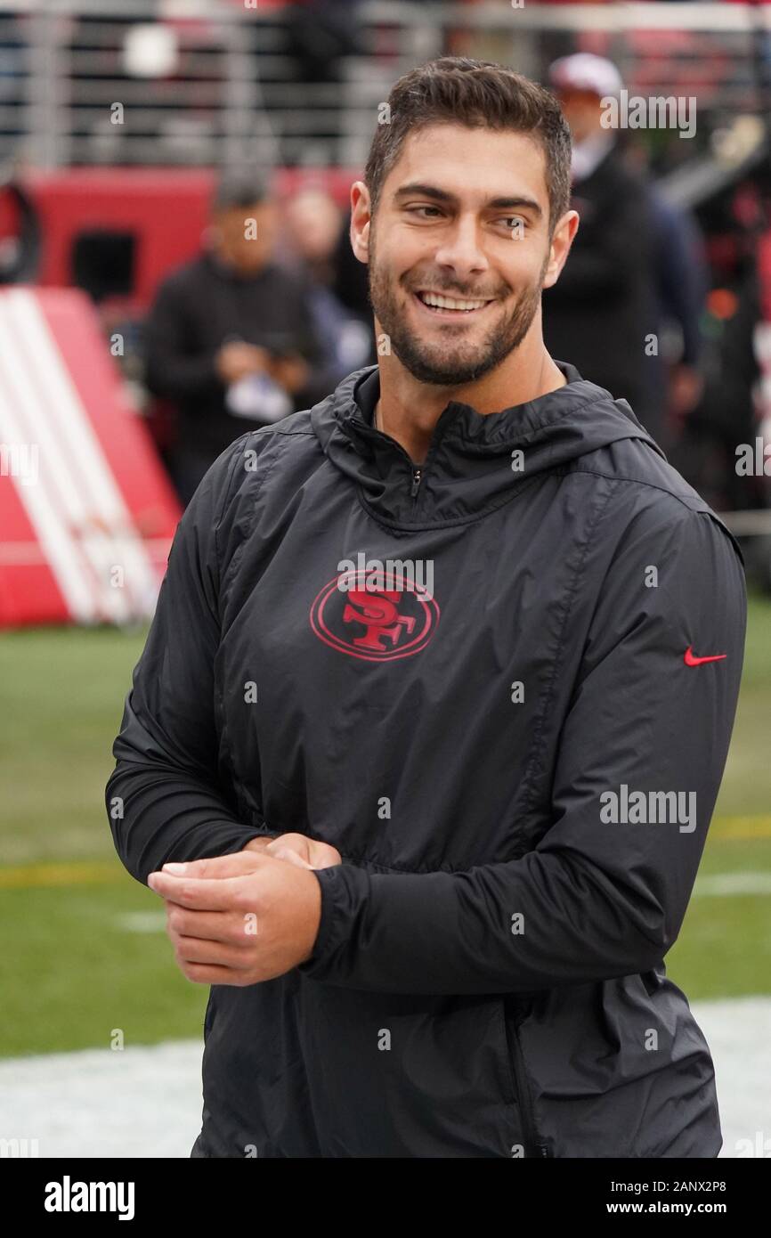 Santa Clara, USA. 19 Jan, 2020. San Francisco 49ers quarterback Jimmy Garoppolo Lächeln vor der NFC Championship Game gegen die Green Bay Packers bei Levi's Stadion in Santa Clara, Kalifornien am Sonntag, 19. Januar 2020. Foto von Jon SooHoo/UPI Quelle: UPI/Alamy leben Nachrichten Stockfoto