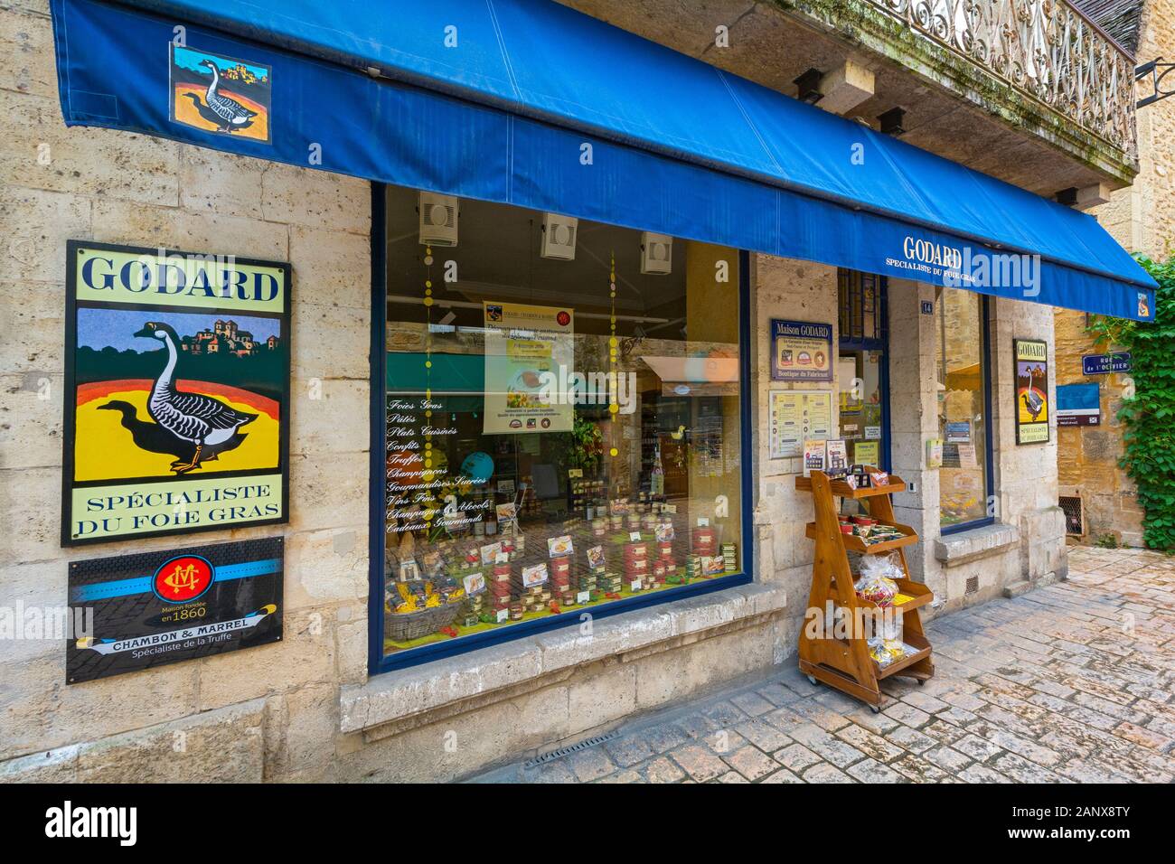 Frankreich, Dordogne, Sarlat-la-Canéda, Rue de Seze, Godard Stopfleber und anderen Spezialitäten shop Stockfoto